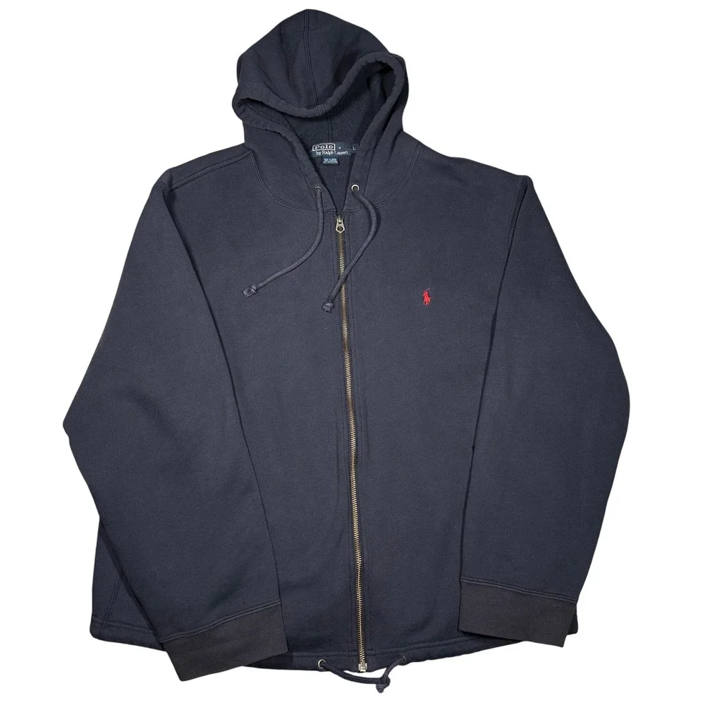 Polo Ralph Lauren Mens Full Zip Hoodie Navy Blue Red Pony Logo Size L Sweatshirt